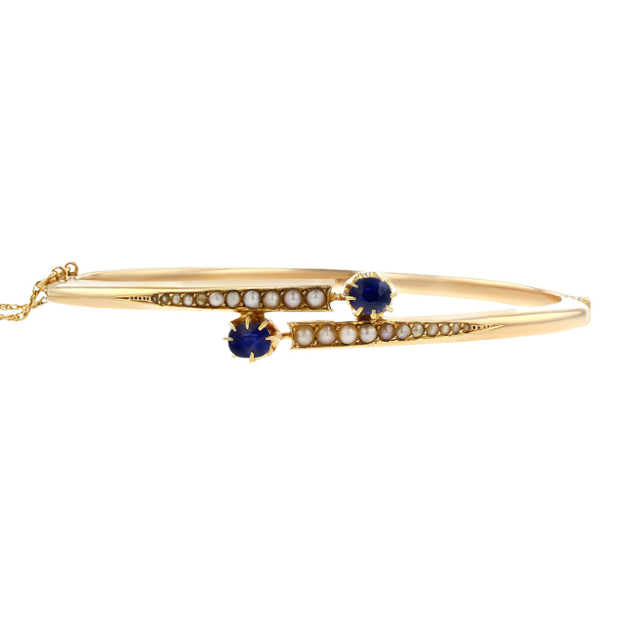 Sapphire and Pearl Bangle Bracelet in 15K Yellow Gold