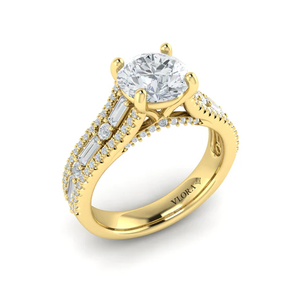 Crowned 0.74ct Diamond 3 Row Ring Semi Mount in 18K Yellow Gold for 1.50ct Round Center, size 6.5