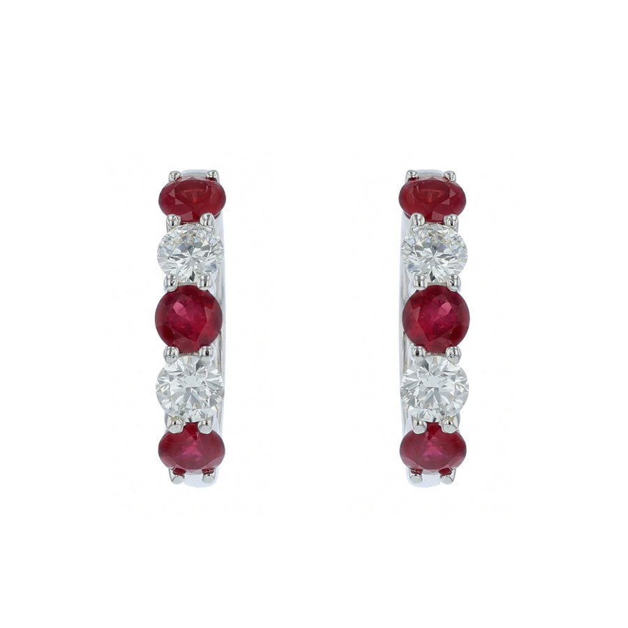 0.95ct Round Ruby and 0.50ct Diamond Alternating Huggie Hoop Earrings in 14K White Gold