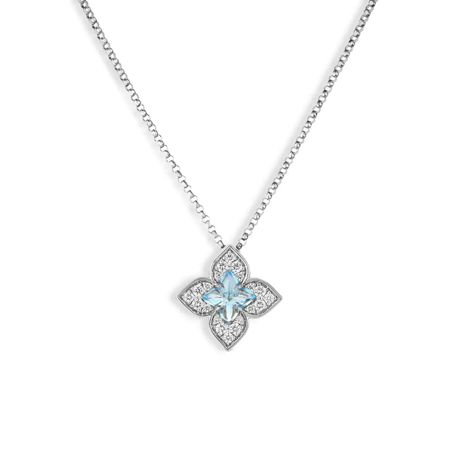 Venetian Princess 0.75ct Blue Topaz and 0.17ct Diamond Flower Pendant in 18K White Gold, 17" chain