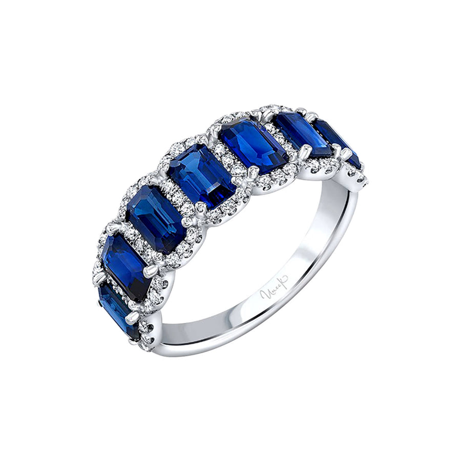 2.24ct Sapphire and 0.40ct Diamond 7-Stone Halo Ring in 18K White Gold, Size 6.5