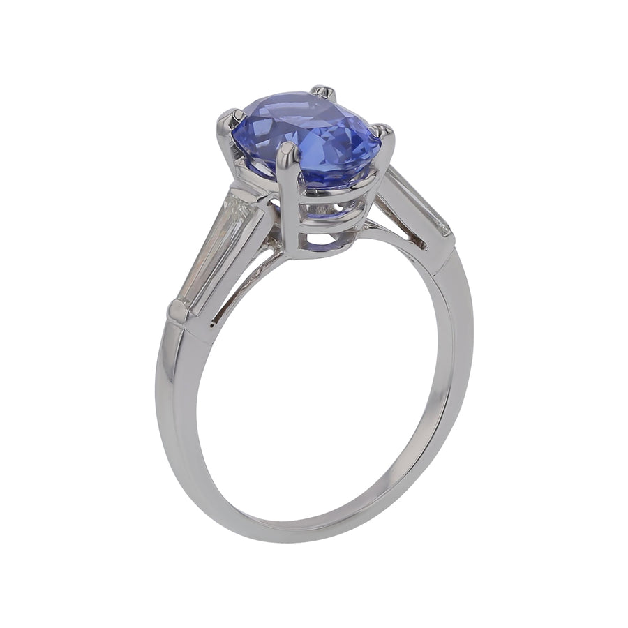 3.10ct Oval Sri Lankan Sapphire and 0.44ct Tapered Baguettes 3 Stone Ring in Platinum, Size 6.5