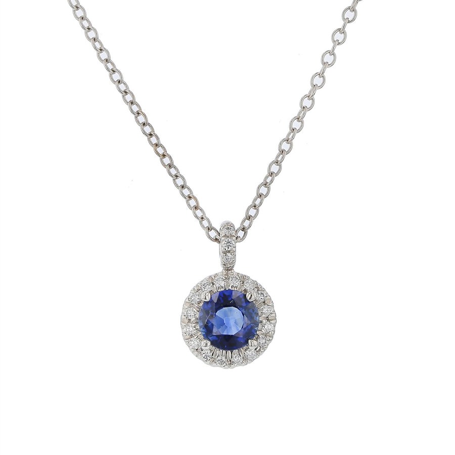 0.70ct Sapphire and 0.09ct Diamond Halo Pendant in Platinum and 18K White Gold, 18"