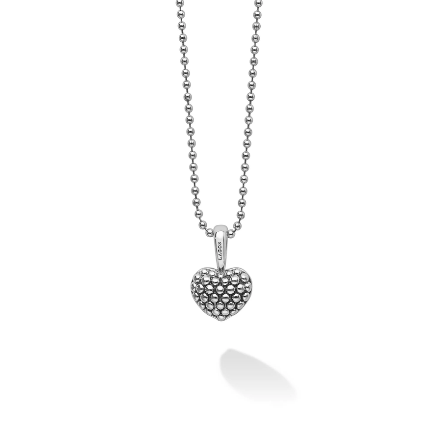 Signature Caviar Beaded Heart Pendant in Sterling Silver, 32"