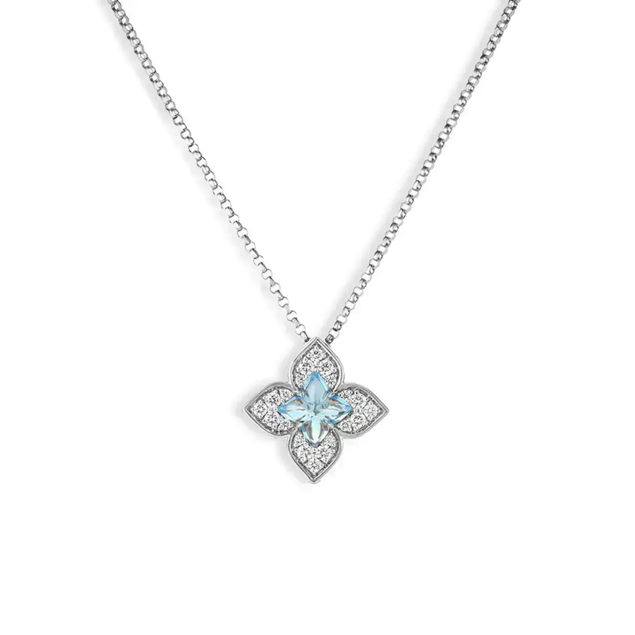 Venetian Princess 0.75ct Blue Topaz and 0.17ct Diamond Flower Pendant in 18K White Gold, 17" chain