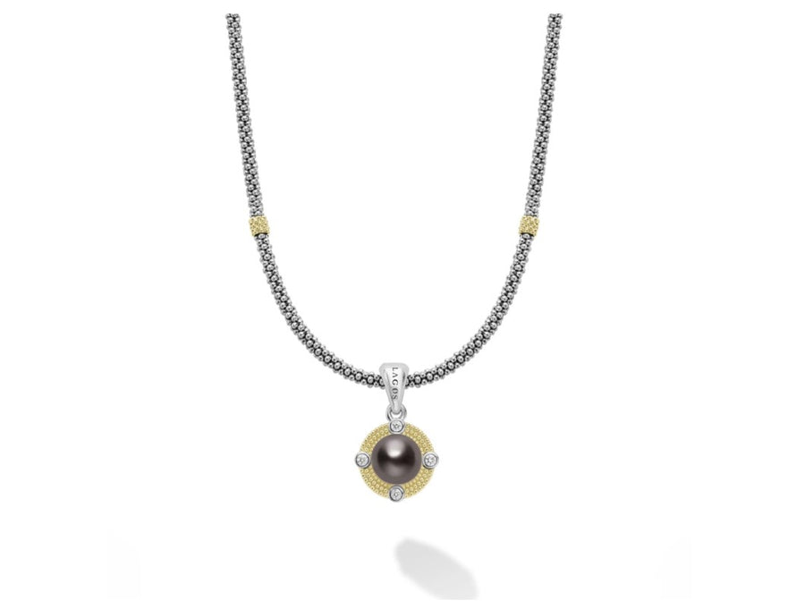 Luna 0.13ct Diamond and 9mm Black Tahitian Pearl Pendant in 18K Yellow Gold and Sterling Silver on 18" chain
