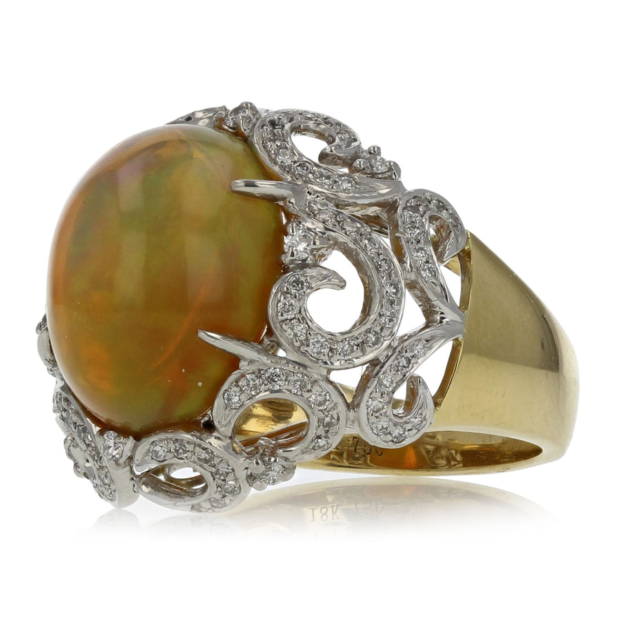 7.64ct Oval Cabochon Opal and 0.50ct Full Cut Diamond Scroll Design Ring in 18K Yellow Gold and Platinum
