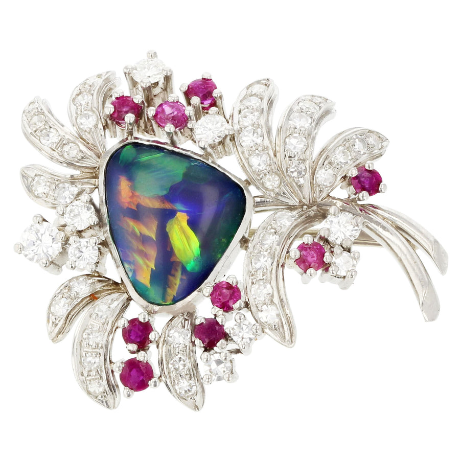 3.00ct Black Opal 0.44ct Ruby and 0.99ct Diamond Brooch in Platinum