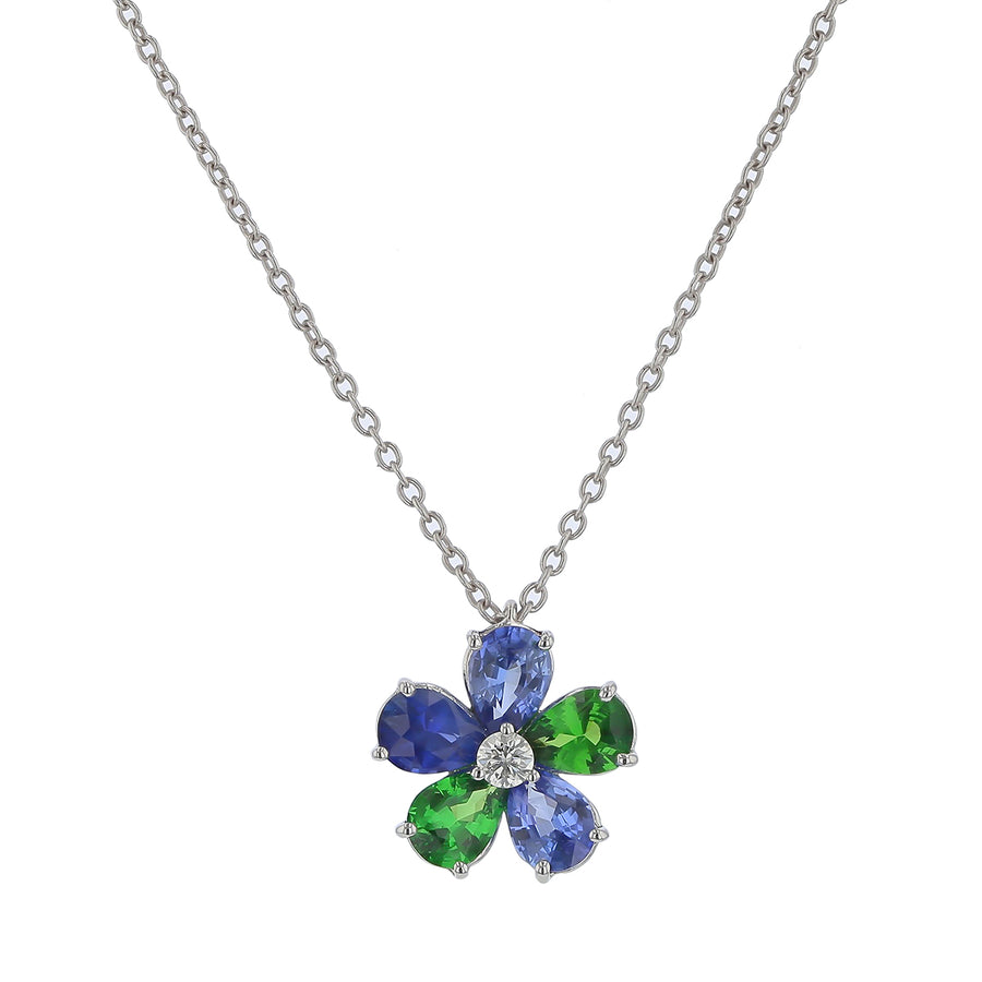 1.13ct Sapphire, 0.62ct Tsavorite and 0.07ct Diamond Flower Pendant on Chain in 18K White Gold, 17"