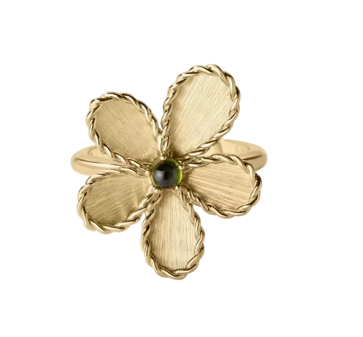 Jasmine Green Tourmaline Flower Ring in 18K Yellow Gold, size 6.5