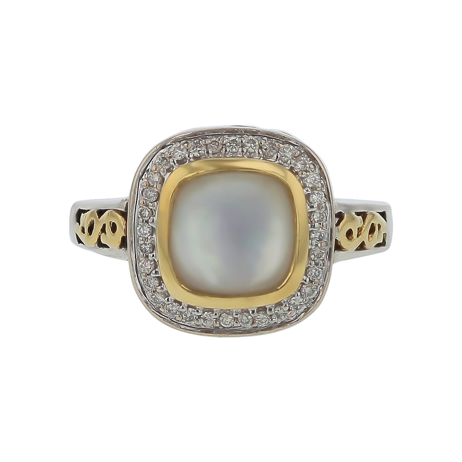 Moonstone and Diamond Halo Ring in Sterling Silver Silver and 18K Yellow Gold