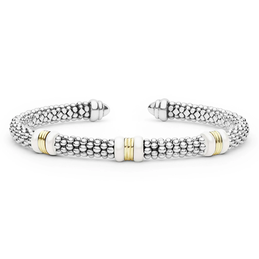 White Caviar 3 Station Cuff Bracelet in 18K Yellow Gold, Sterling Silver and Ceramic, size 7