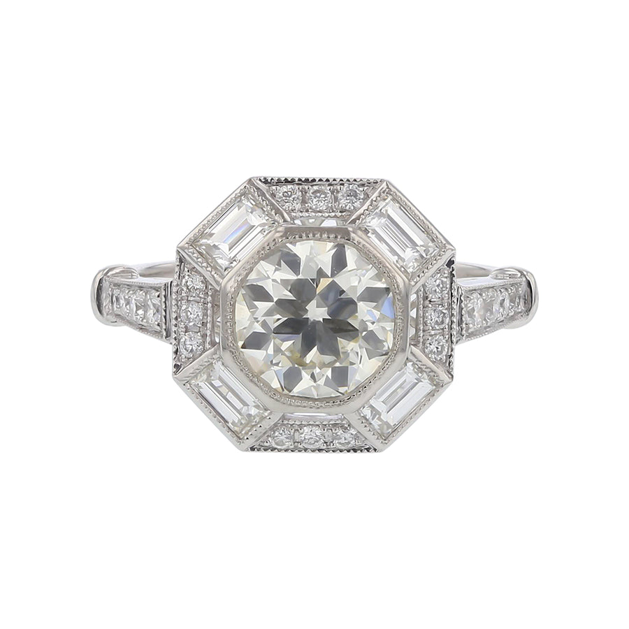 1.47ct Old European Cut Diamond 0.77ct Full Cut and Baguette Diamond Ring in Platinum