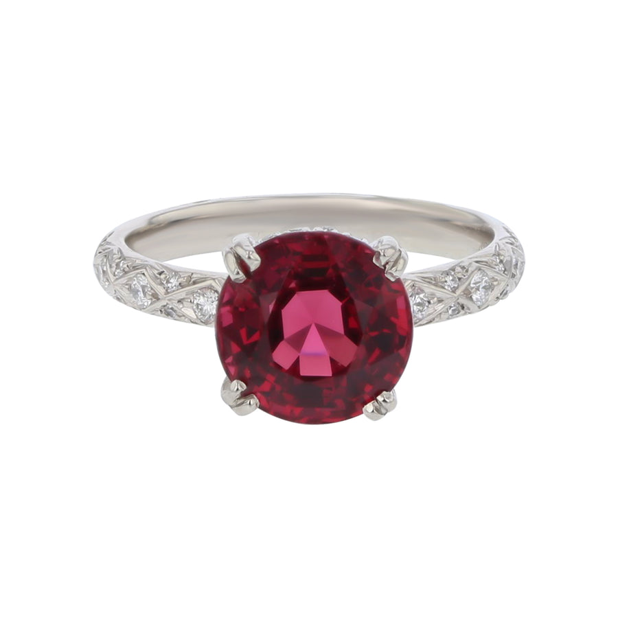 3.05ct Round Burmese Red Spinel and 0.30ct Pave Diamond Ring in Platinum, Size 5.5