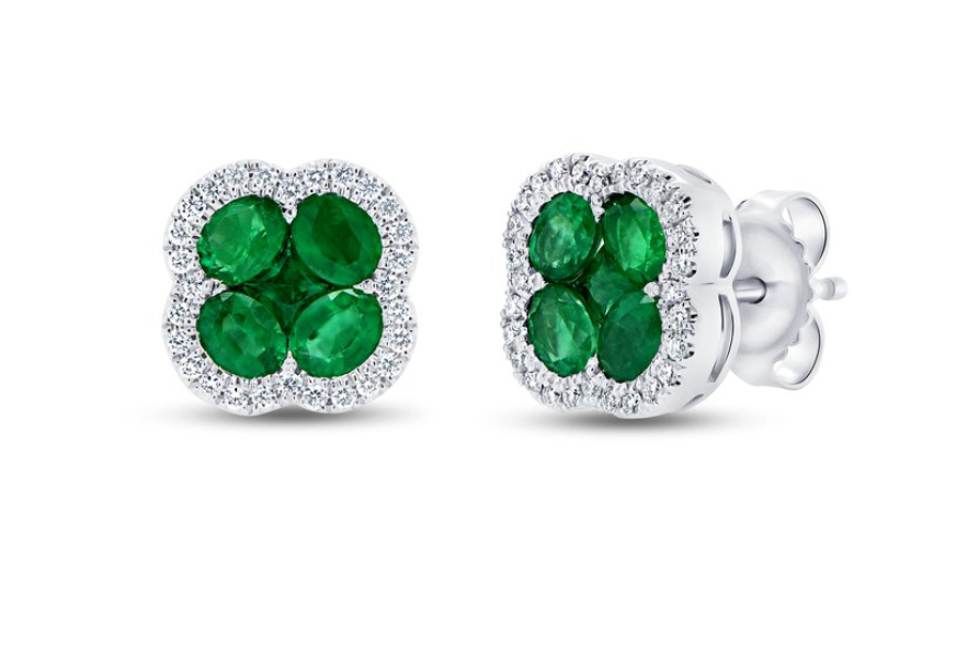 1.59ct Emerald and 0.22ct Diamond Quatrefoil Halo Stud Earrings in 18K White Gold