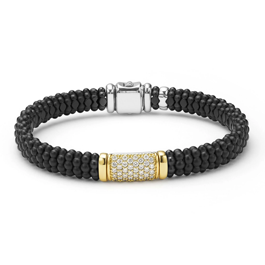 Black Caviar Anthem Diamond Station Rope Bracelet in Sterling Silver, 18K Yellow Gold, and Matte Ceramic, size 7.5
