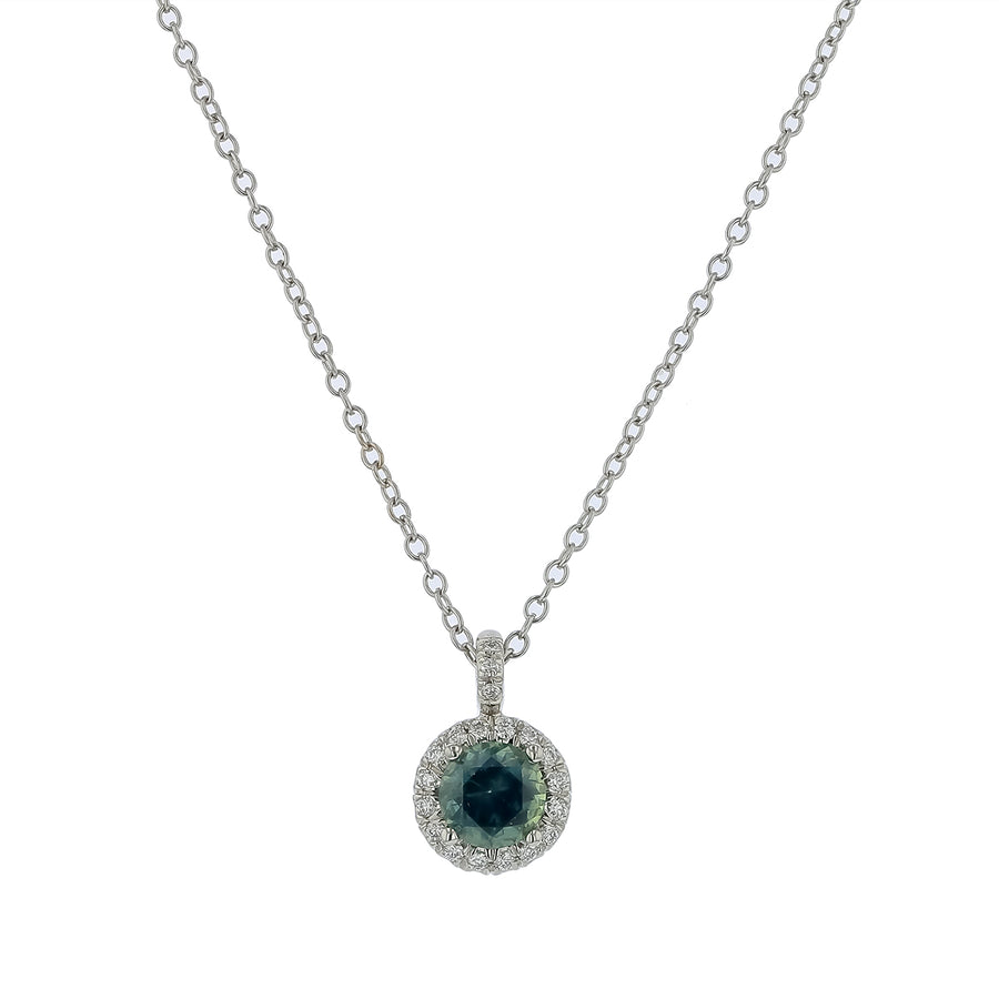 0.86ct Round Montana Sapphire and 0.09ct Diamond Halo Pendant in Platinum, 18" chain
