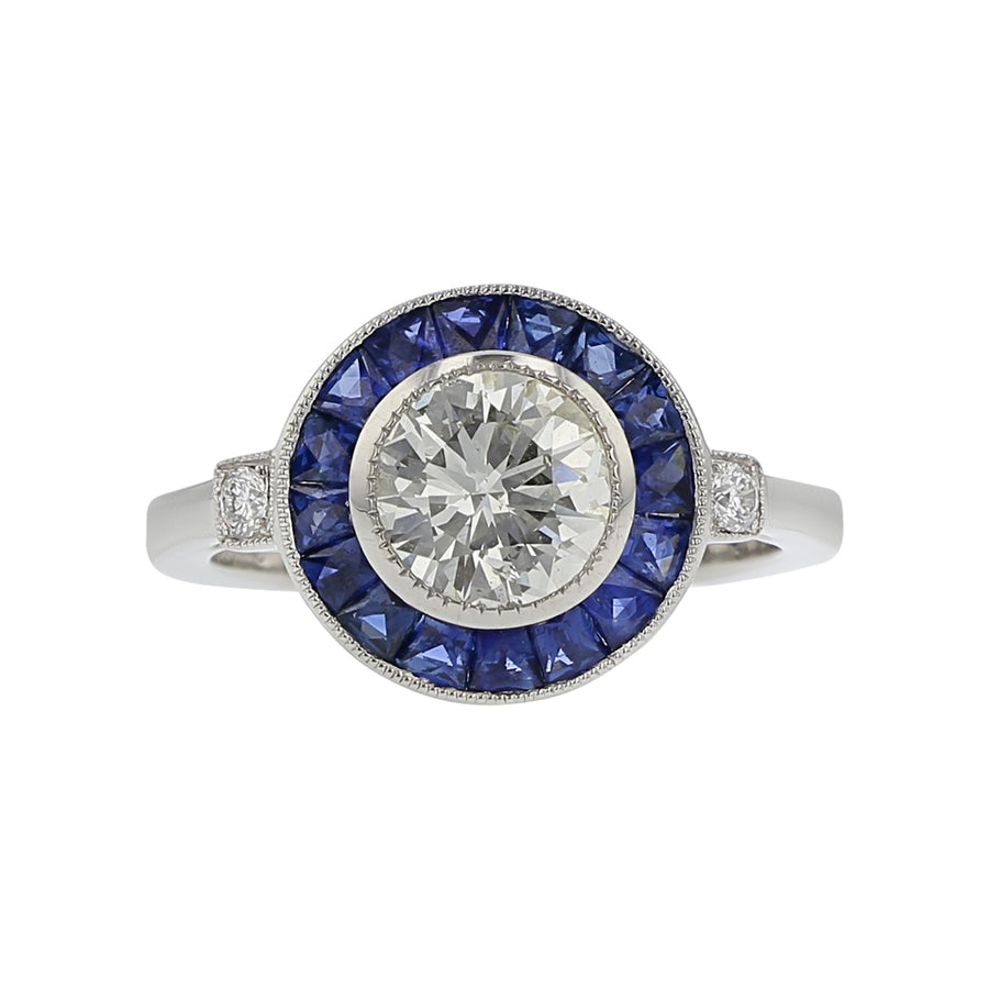 1.06ct Round Diamond with 0.99ct French Cut Sapphires and 0.07ct Full Cut Diamond Halo Ring in Platinum, size 6.25