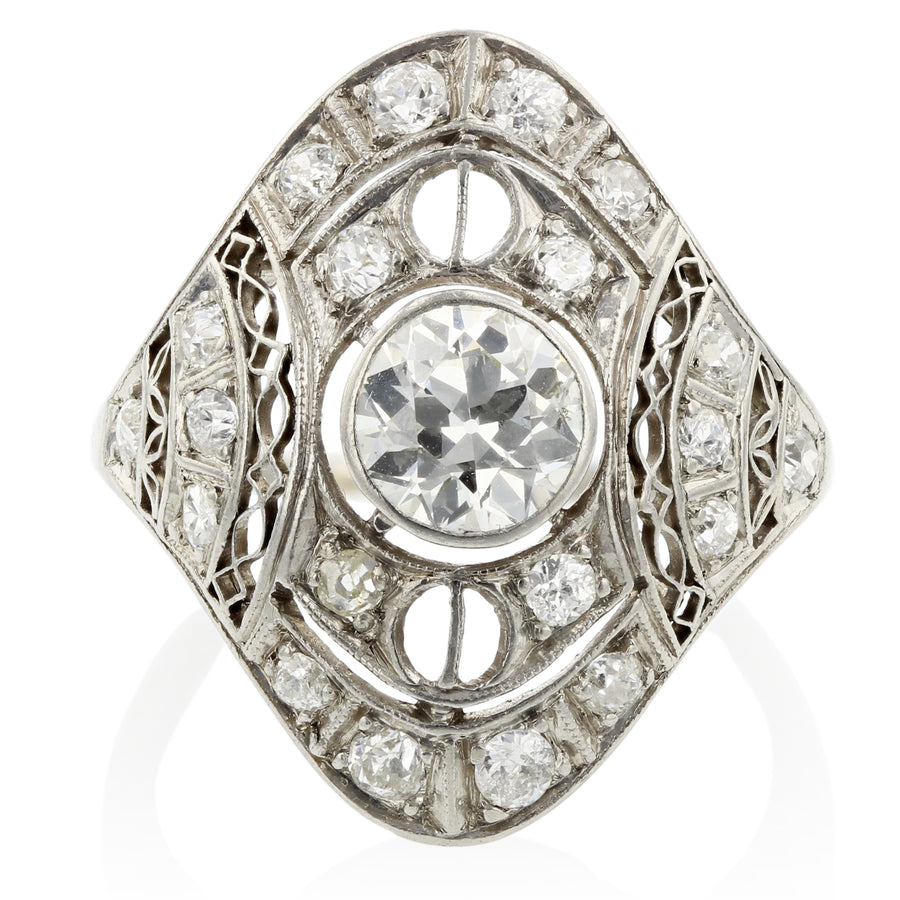 0.95ct and 0.60ct Old European Cut Diamond Art Deco Filigree Ring in Platinum, Size 6.5
