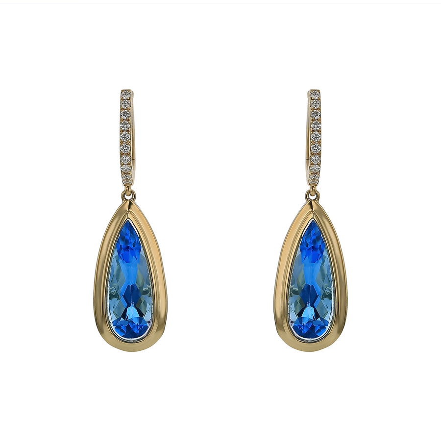 5.90ct Pear Shape Swiss Blue Topaz and 0.10ct Diamond Drop Earrings in 14K Yellow Gold