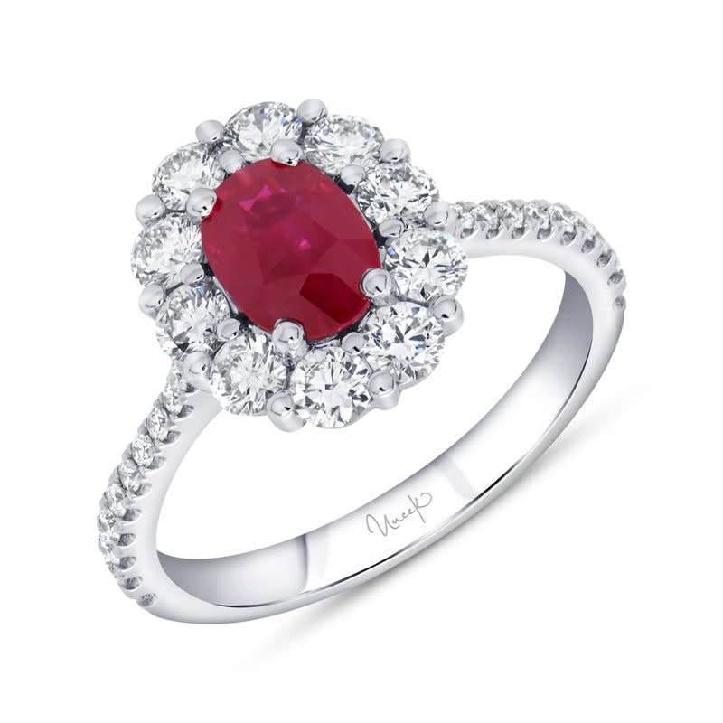 Axis 1.13ct Oval Ruby and 0.95ct Diamond Halo Ring in 18K White Gold, size 6.5
