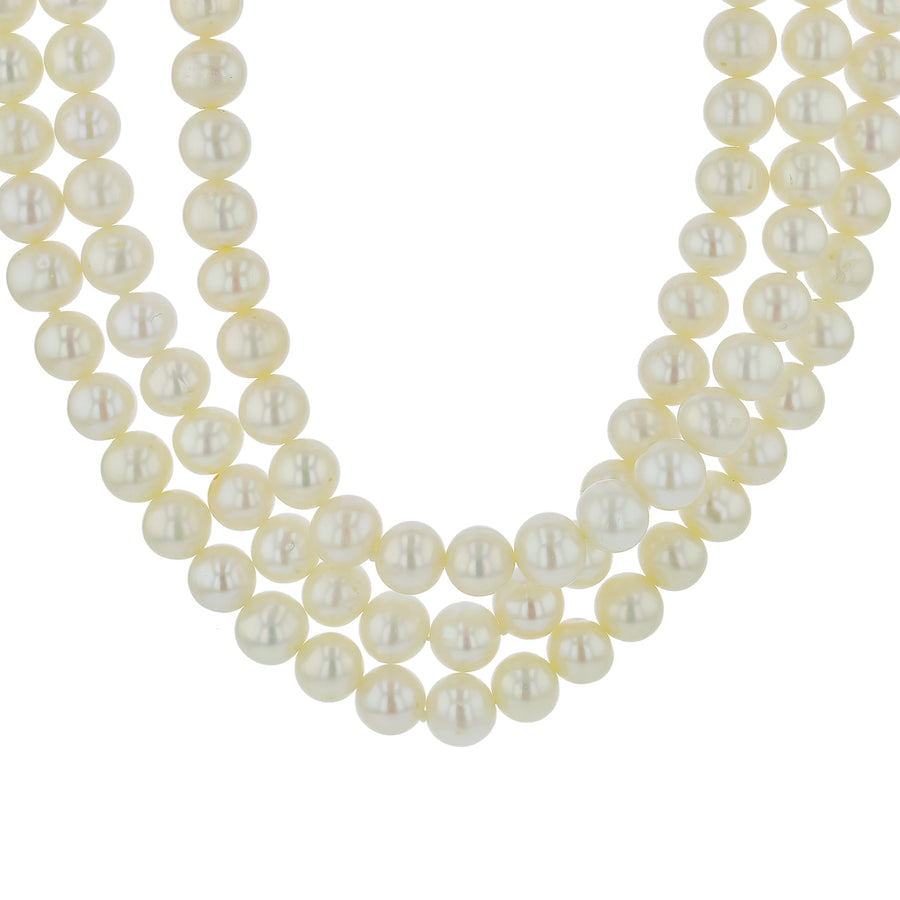 Two strands of white pearls on a white background