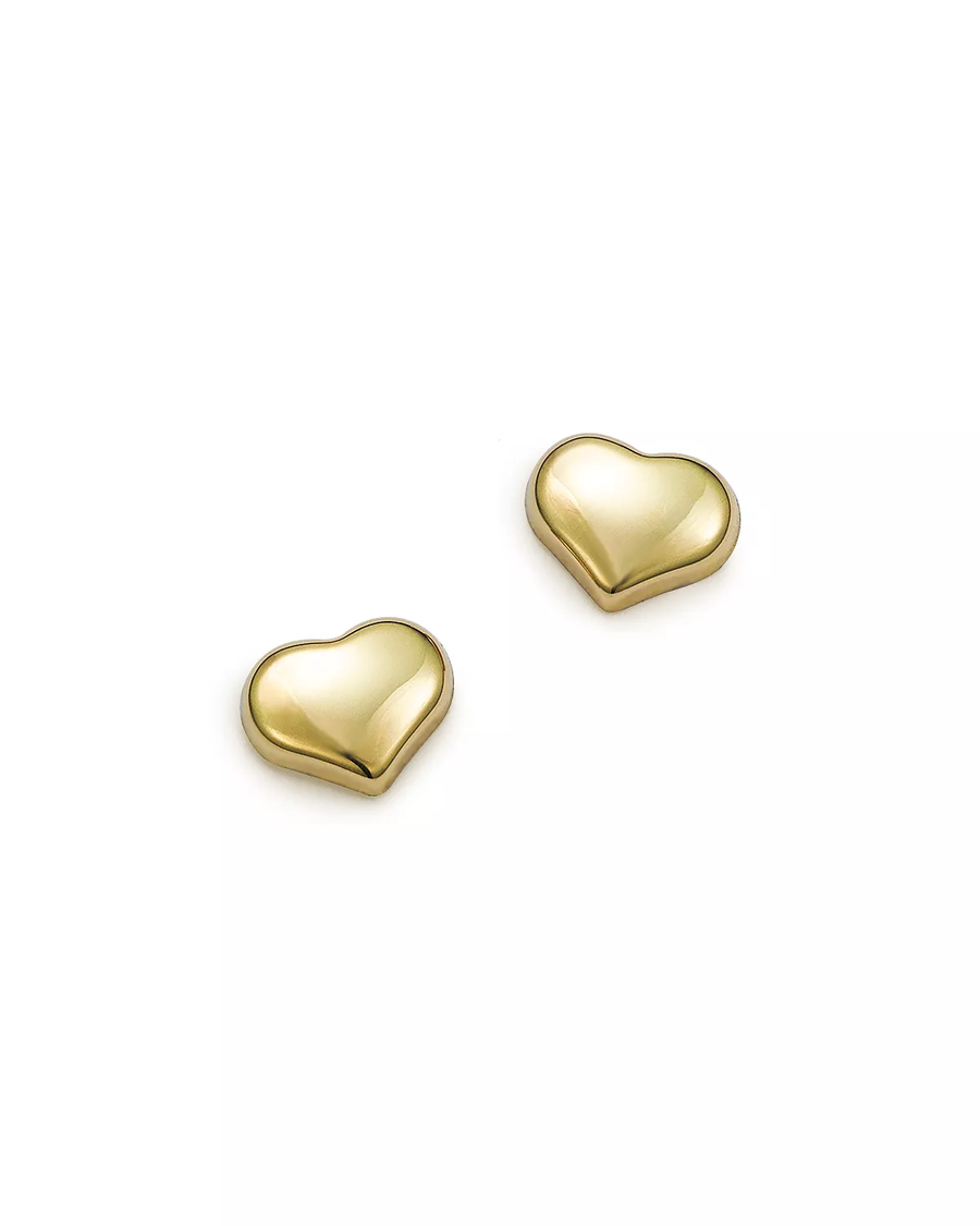 A pair of heart-shaped 18K yellow gold stud earrings on a white background.