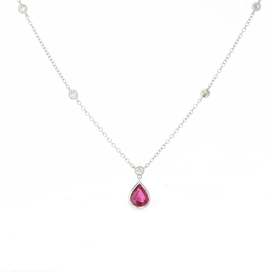 1.18ct Ruby and 0.20Ct Diamond Pear Necklace in 18K White Gold, 16" chain
