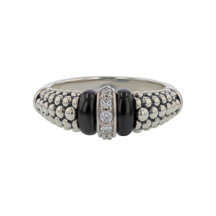 Lagos Caviar Black Ceramic and Diamond Ring in Sterling Silver Size 7