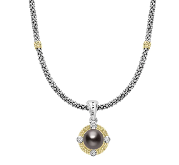 0.13ct Diamond and 9mm Black Tahitian Pearl Luna Pendant in Sterling Silver and 18K Yellow Gold on 18" Chain