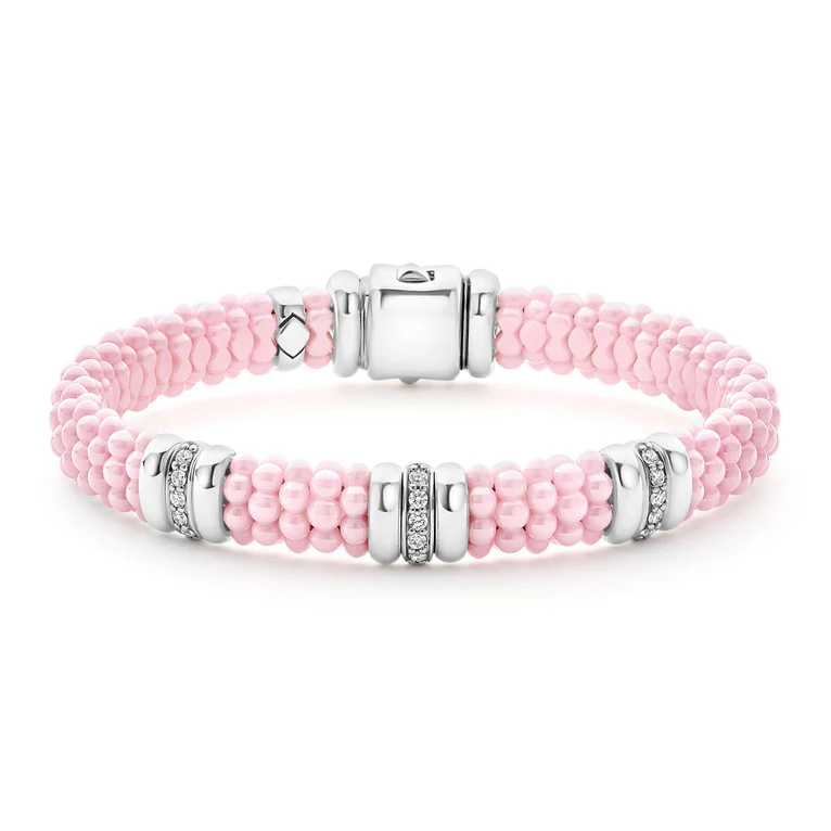 Pink Caviar 0.28ct Diamond Station Rope Bracelet in Sterling Silver and Ceramic, size 7
