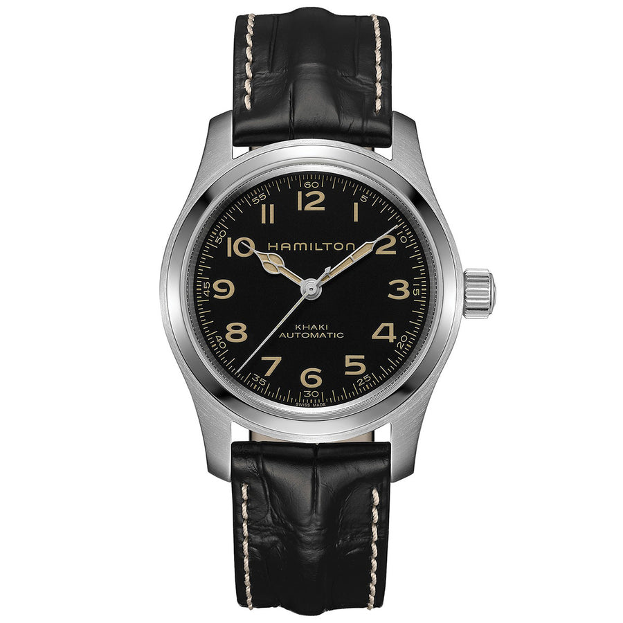 42mm Khaki Field Murph Automatic Black Dial Watch in Stainless Steel with Black Leather Strap