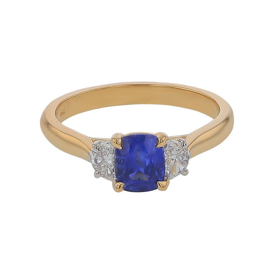 0.94ct Cushion Ceylon Sapphire (H) 0.28ct Half Moon Diamonds 3 Stone Ring in Yellow Gold Size 6