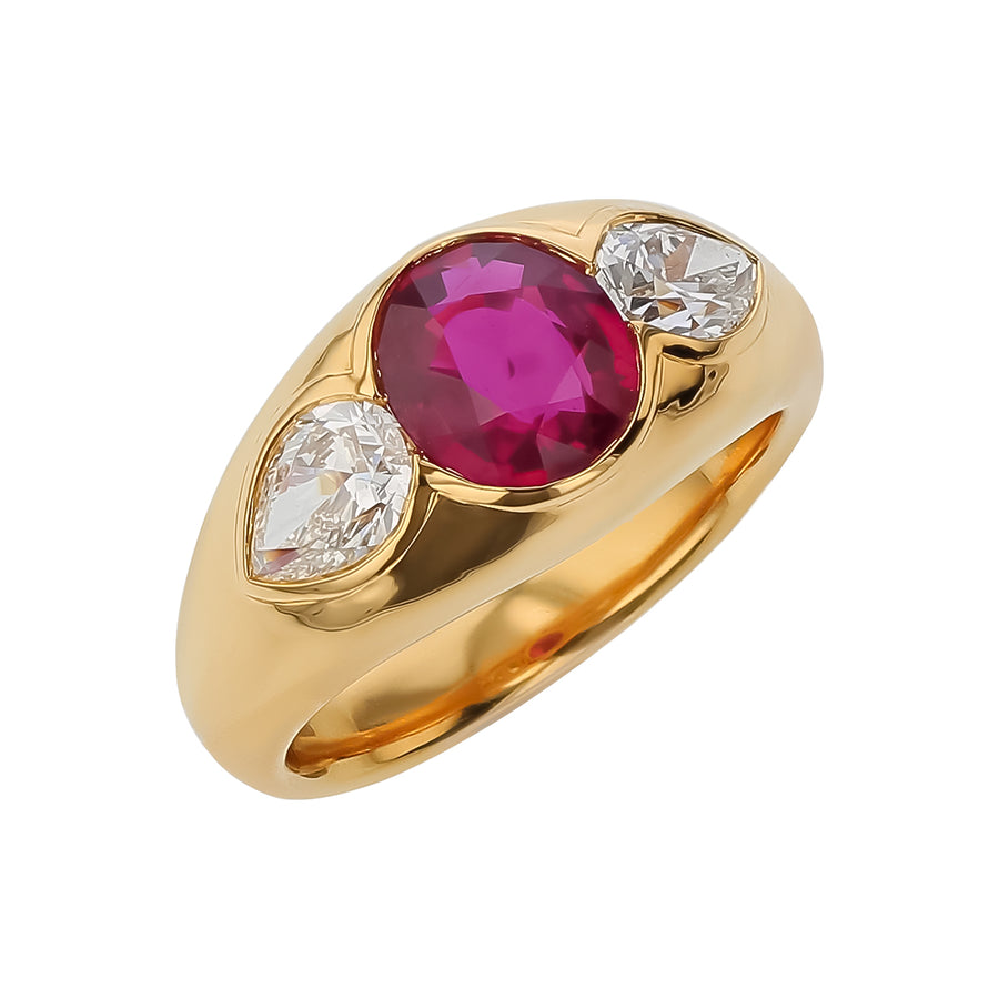 2.05ct Oval Ruby and 1.07ct Diamond 3-Stone Ring in 18K Yellow Gold, Size 6.5