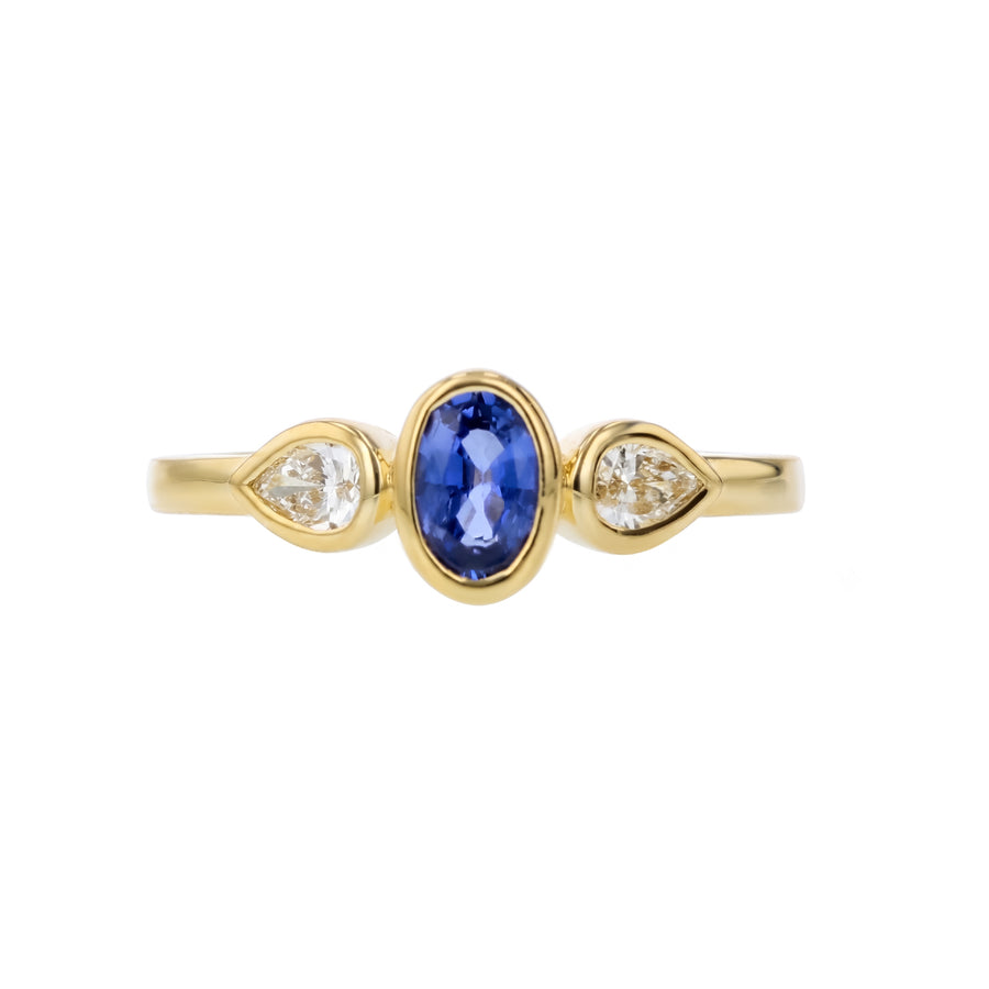 0.55ct Oval Blue Sapphire and 0.29ct Pear Shape Diamond 3 Stone Ring in 14K Yellow Gold, size 7