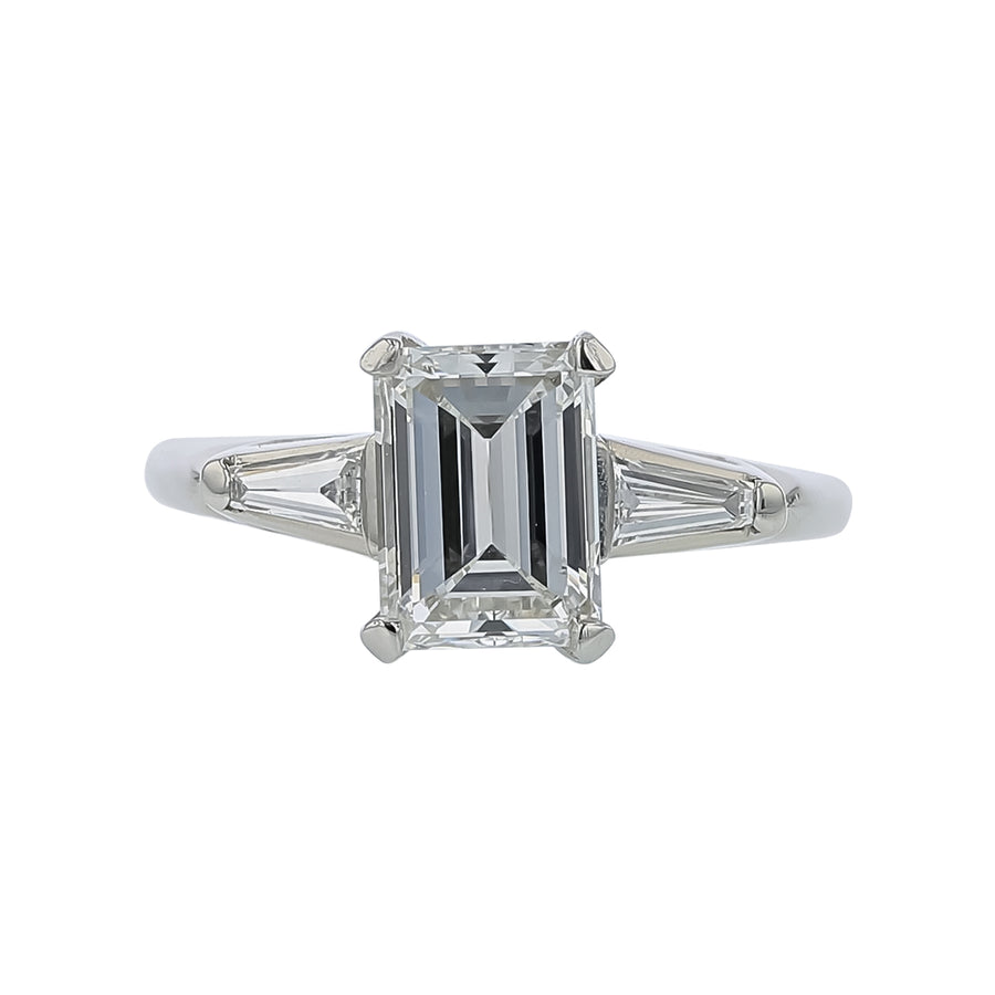 1.63ct Emerald Cut Diamond and 0.30ct Diamond 3 Stone Ring in Platinum, size 6