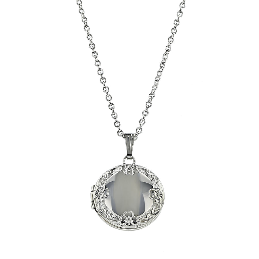 13mm Embossed Border Round Locket with 15" Cable Chain Necklace in Sterling Silver