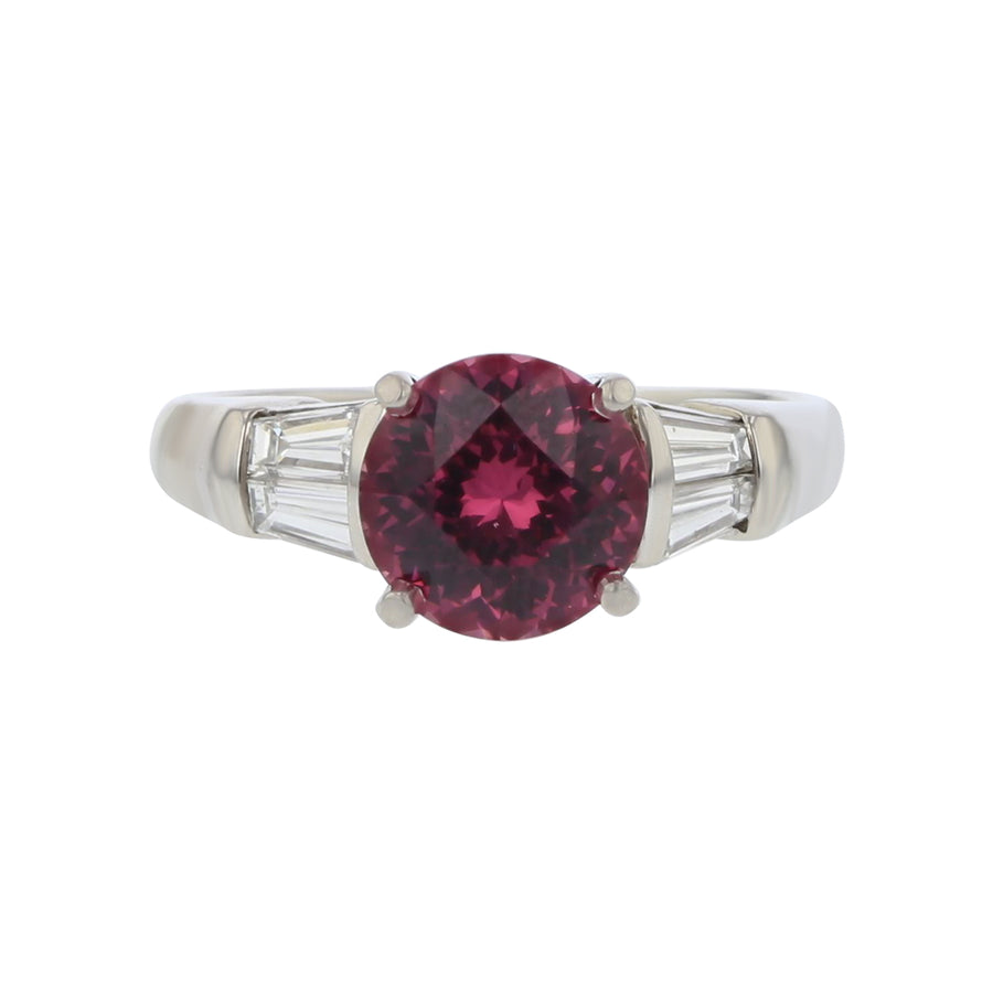 2.49ct Round Malaya Garnet and 0.40cts Tapered Baguette Diamonds Ring in Platinum, Size 6