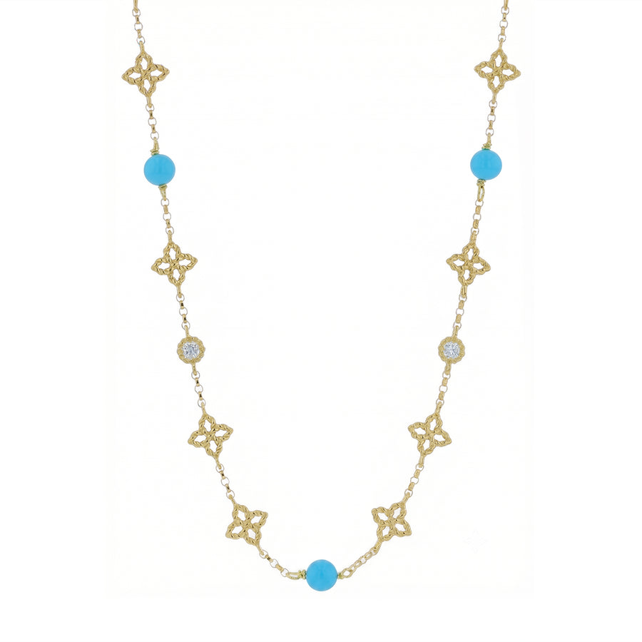 Princess Flower 2.70ct Turquoise and 0.05ct Diamond Alternating Station Necklace in 18K Yellow Gold, 16-18"