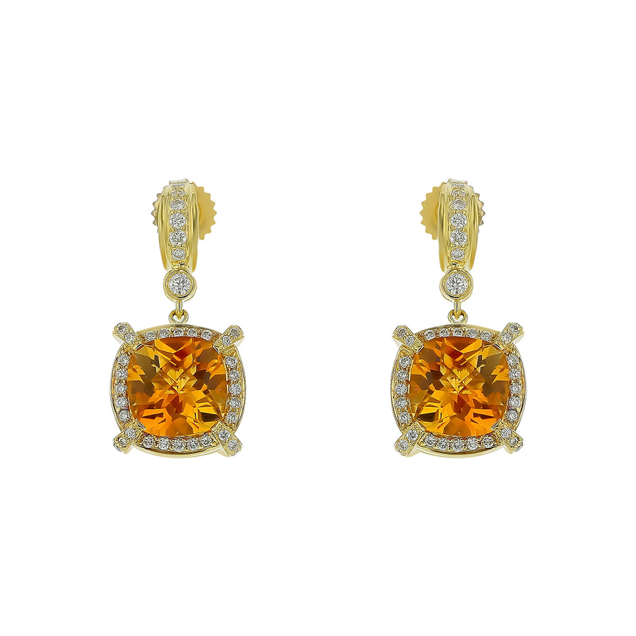 Charles Krypell Checkerboard Cushion Citrine and 0.98ct Diamond Halo Drop Earrings in 18K Yellow Gold