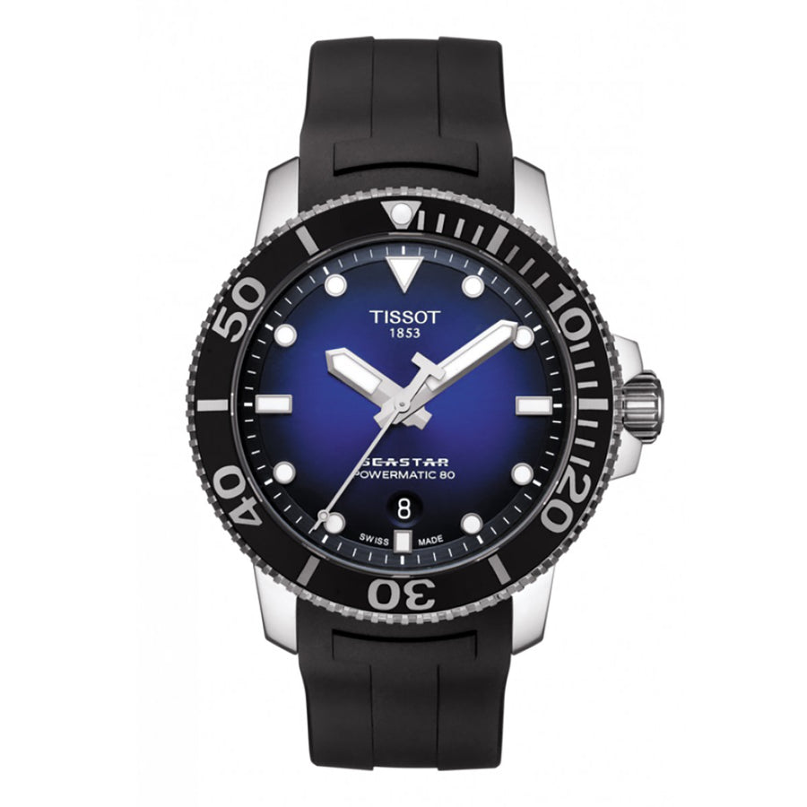 43mm Seastar 1000 Powermatic 80 Graded Blue-Black Dial Watch in Stainless Steel with Black Rubber Strap