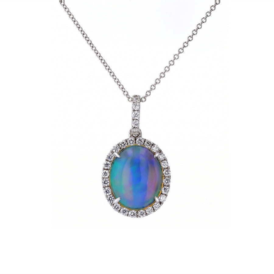 2.31ct Oval Opal and 0.37ct Round Diamond Halo Pendant in 14K White Gold, 16-18"