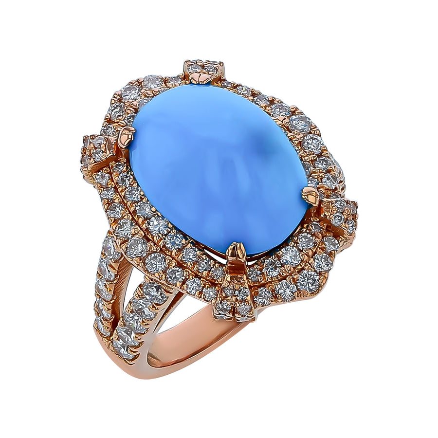 5.59ct Cabochon Turquoise and 1.40ct Diamond Halo Ring in 18K Rose Gold, size 6.75