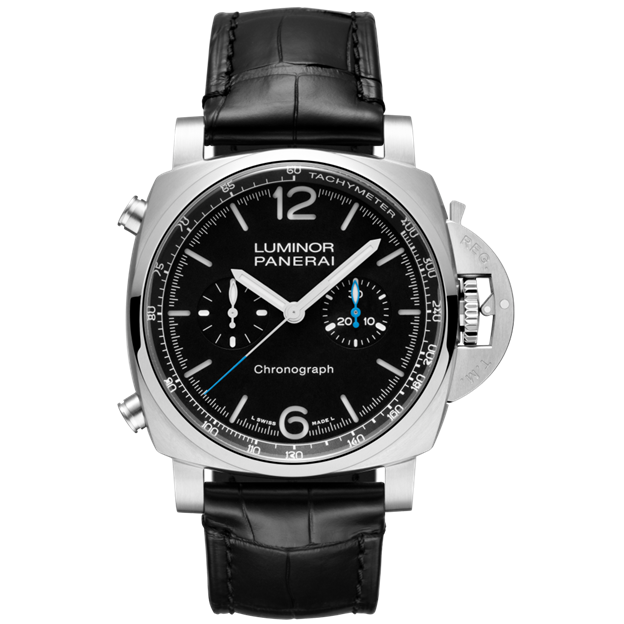 44mm Luminor Chrono Watch with Black Dial in Stainless Steel, Strap