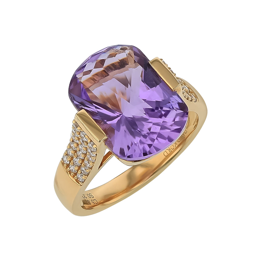5.88ct Cushion Amethyst and 0.33ct Diamond Ring in 18K Yellow Gold, Size 6.5