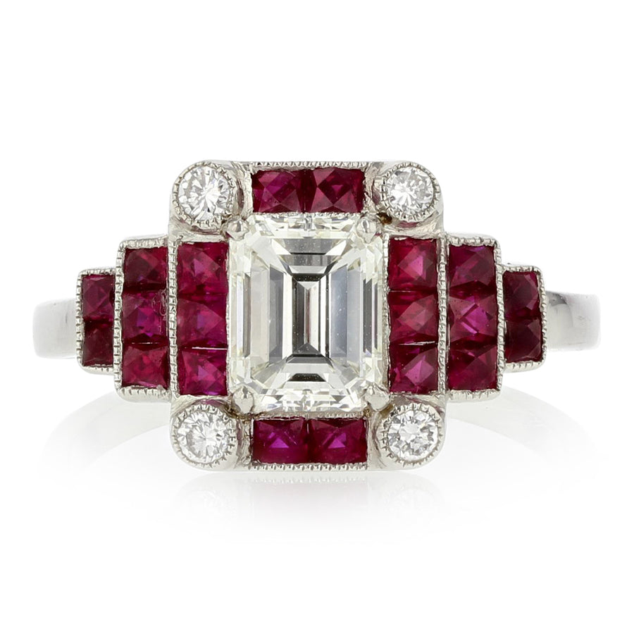 1.18ct Emerald Cut Diamond, 1.82ct Ruby, and 0.18ct Diamond Ring in Platinum