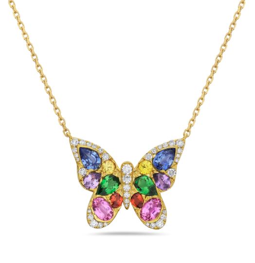 Mosaic 3.87ct Multicolor Tsavorite and Sapphire and 0.47ct Diamond Butterfly Necklace in 18K Yellow Gold, 18"