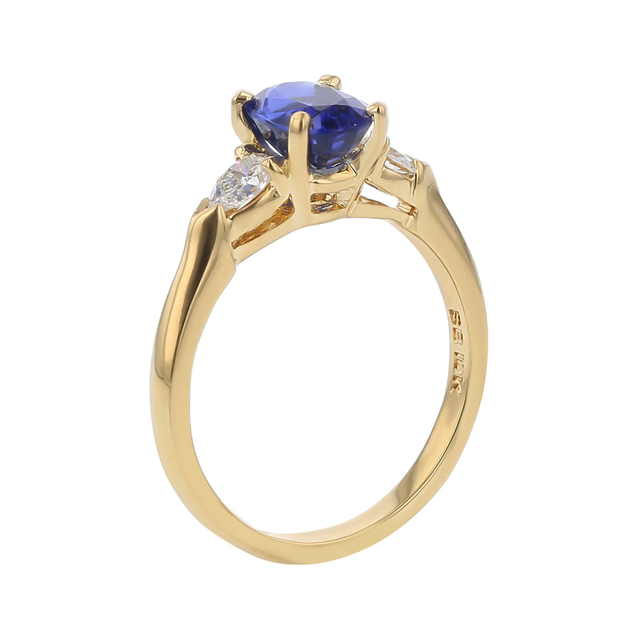 1.51ct Oval Sri Lankan Sapphire and 0.31ct Pear Shaped Diamond 3 Stone Ring in 18k Yellow Gold Size 6