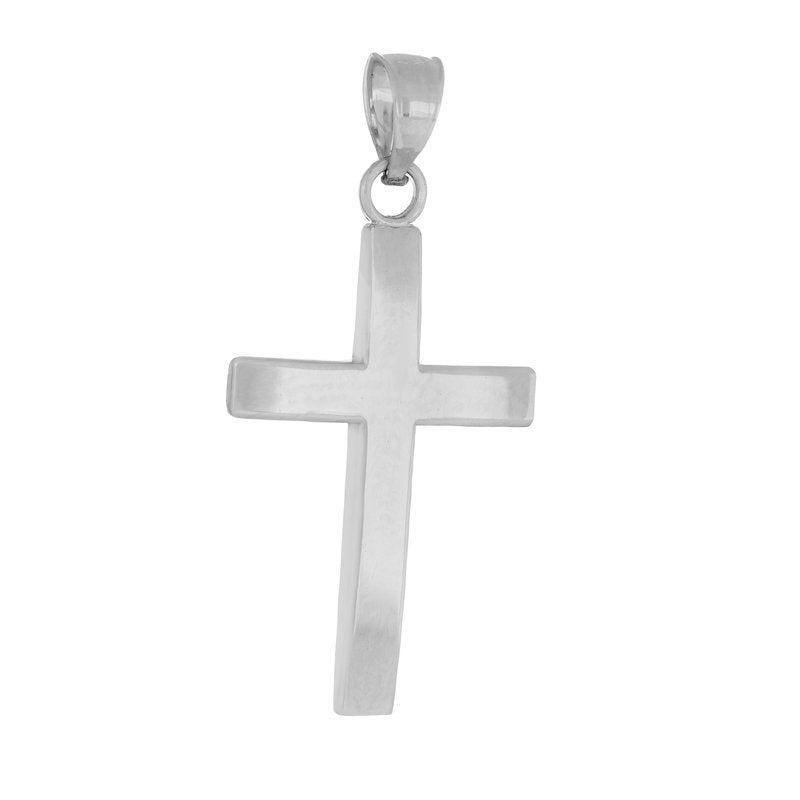 A simple cross pendant made of 14K white gold, displayed against a white background.