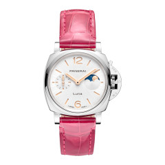 38mm SS Luminor Due Luna with White Index Marker Dial with Moonphase and Sub Seconds with Dark Pink Leather Strap
